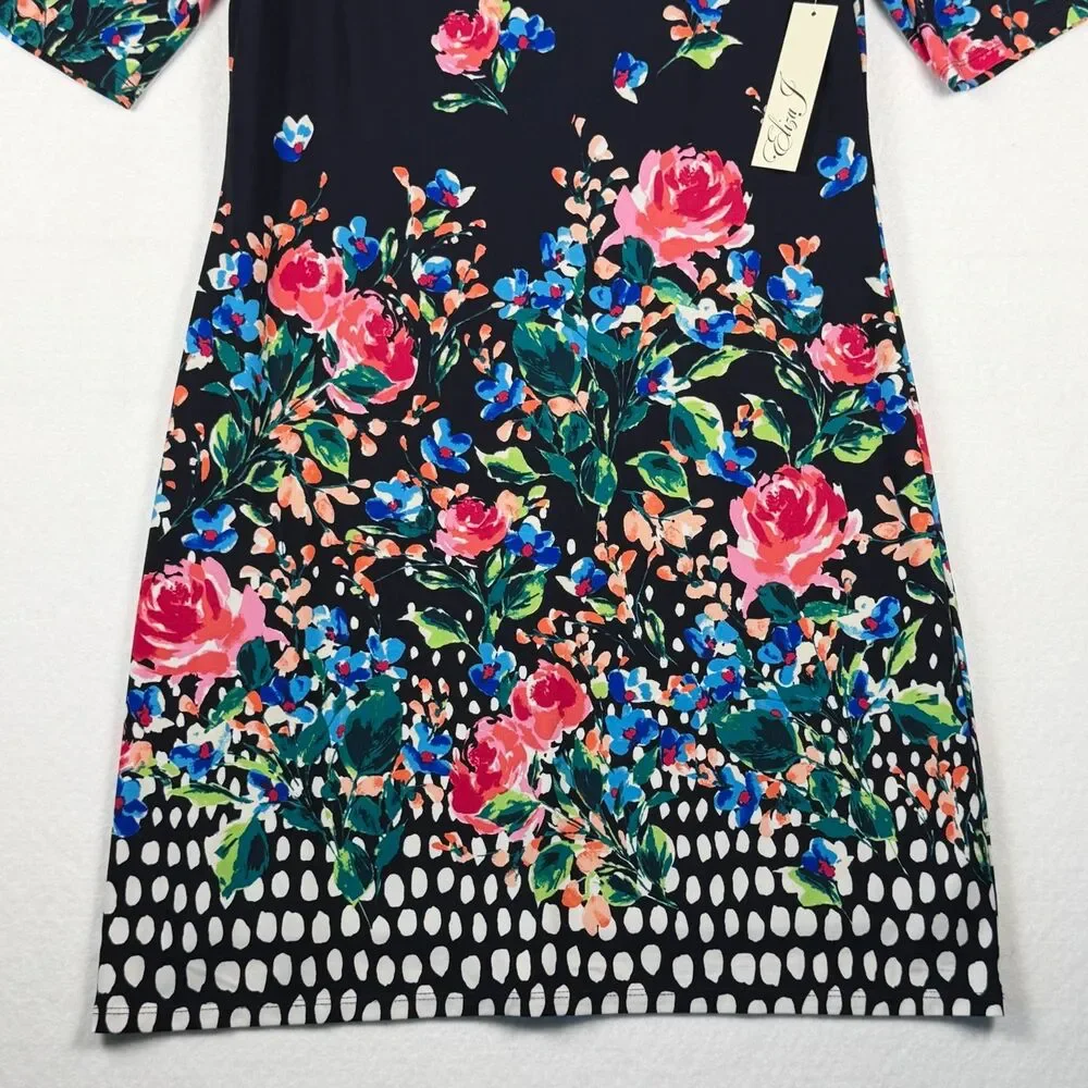 Eliza J Size 8 NWT Floral Polka Dot Shift Dress Navy Pink Blue Knee Length - Picture 10 of 10